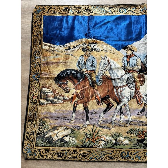 Vintage Horses Cowboy Tapestry Decor Wall Rug Art Western Italy Velvety - Picture 2 of 9